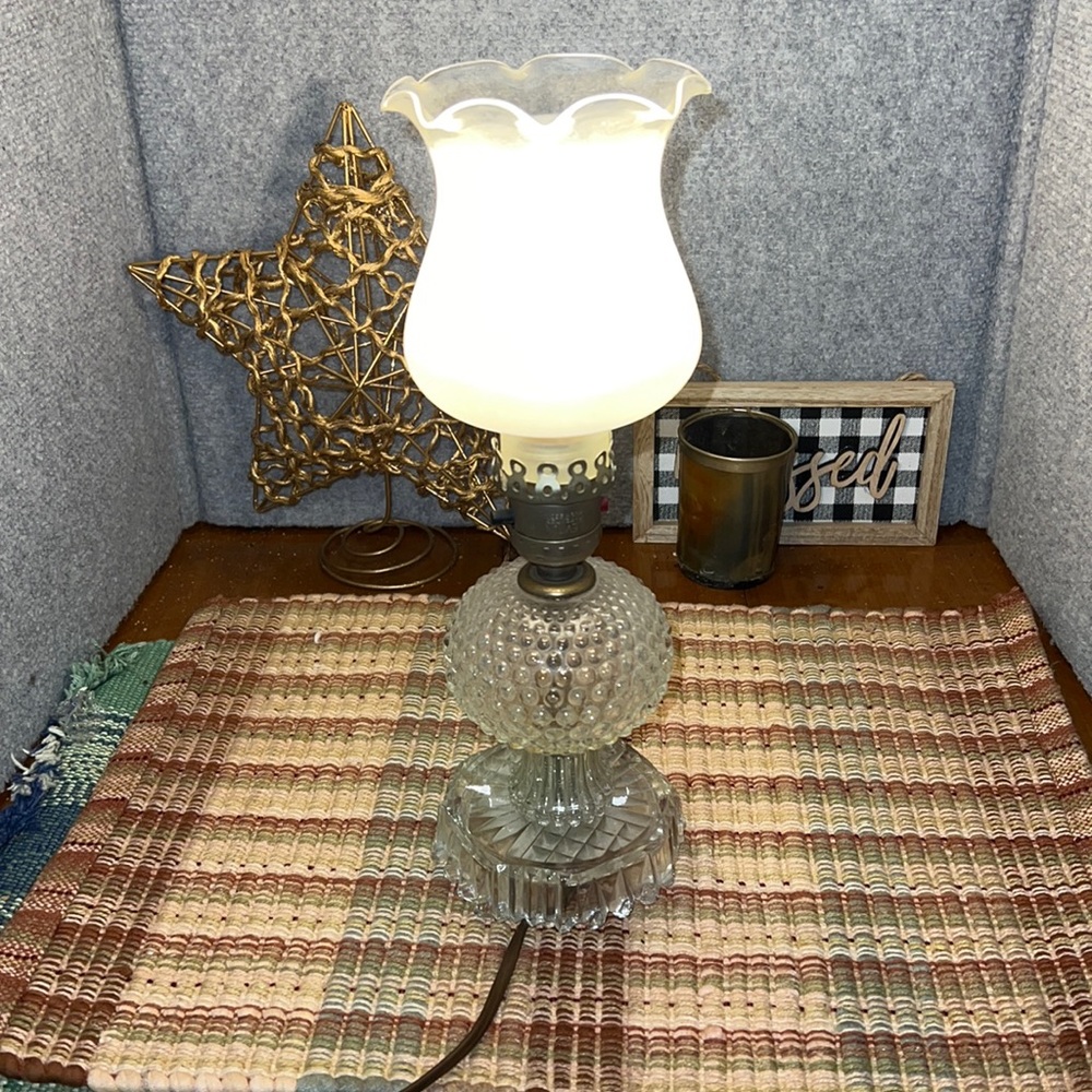 12 1/2 inch tall glass hobnail with frosted glass globe shade
